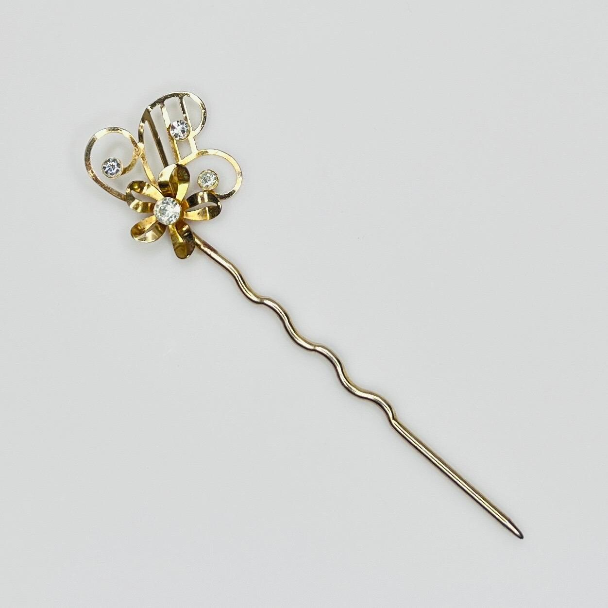 1950s Gold Rhinestone Flower Hat Pin – Vintage Hair or Lapel Stick 
