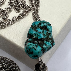 Vintage Turquoise Stone Tassel Necklace, Silver Chain Pendant, Boho Statement Jewelry, Multi-Strand Dangle, Gift for Her, Unique 70s Style