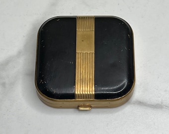 Vintage Art Deco Brass Black Enamel Face Powder Blush Square Mirrored Compact
