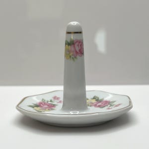 Vintage Porcelain Ring Holder: Pink Rose Floral Jewelry Dish