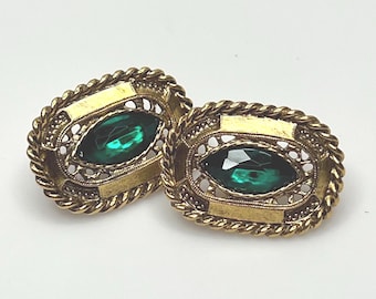 Vintage Gold Emerald Green Rhinestone Earrings – Pierced Studs 1.25" – 1980s Statement Jewelry Gift