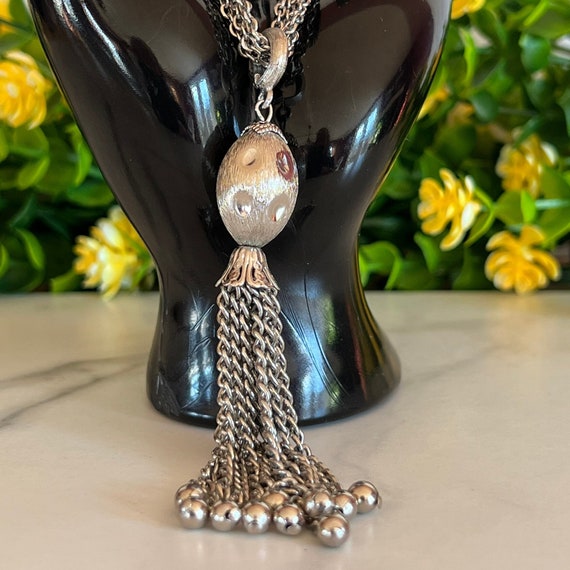 Vintage Silver Beaded Tassel Pendant Necklace - image 1