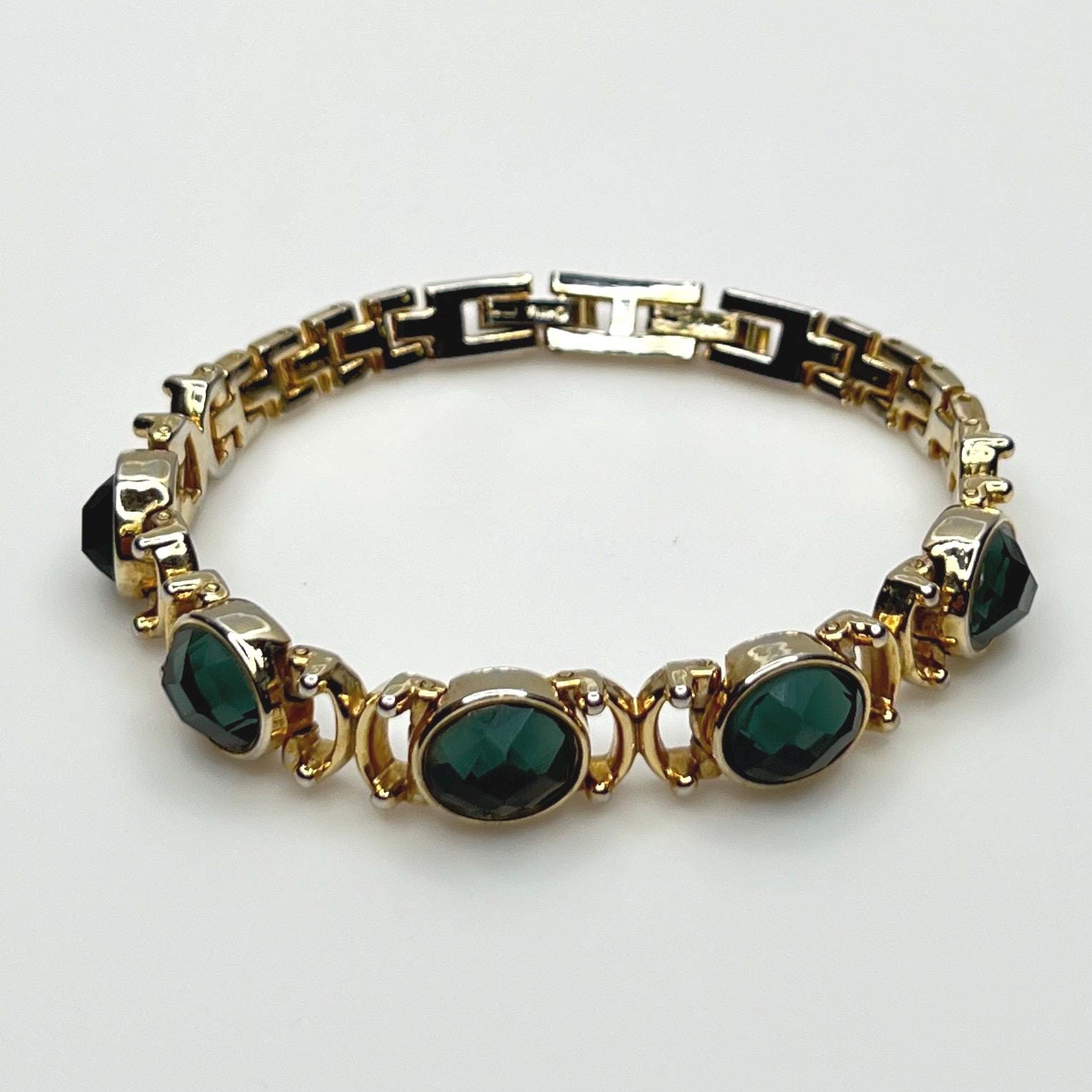Bracelet Ancien à Maillons Avec Marcassites, Strass Et émeraude - Style Gourmette