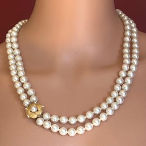 Vintage Faux Pearl Necklace: Hand-Knotted Glass Pearls, Ornate Clasp