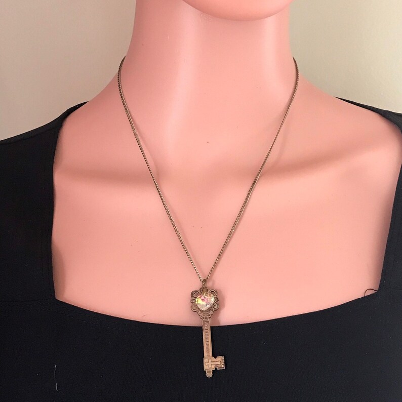 Vintage Brass Skeleton Key Aurora Borealis Heart Charm Pendant Etsy