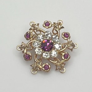 Gold Amethyst & Clear Rhinestone Flower Brooch – 1960s Romantic Sparkle Floral Swirl Pin