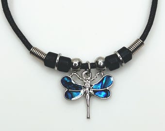Paua Shell Dragonfly Pendant Necklace – 1990s Iridescent Blue Cord Necklace