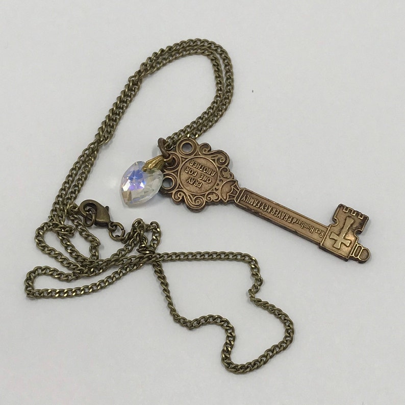 Vintage Brass Skeleton Key Aurora Borealis Heart Charm Pendant Etsy