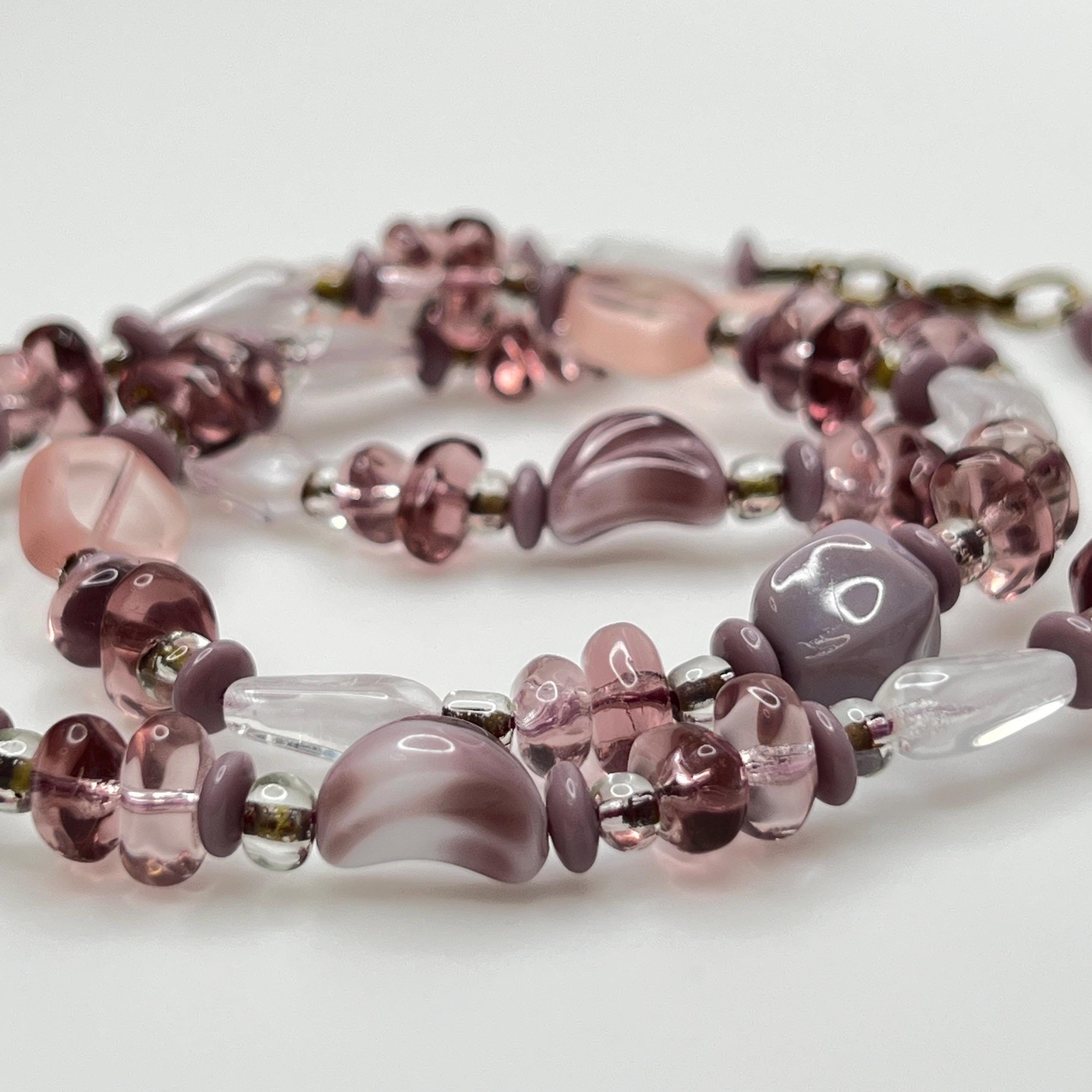 Collier Perles En Verre Violet Et Blanc Années 70 - Longueur 68cm - Vintage
