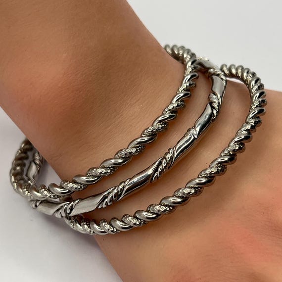 1980s Silver‑Tone Twisted Rope Bangle Bracelet Se… - image 2