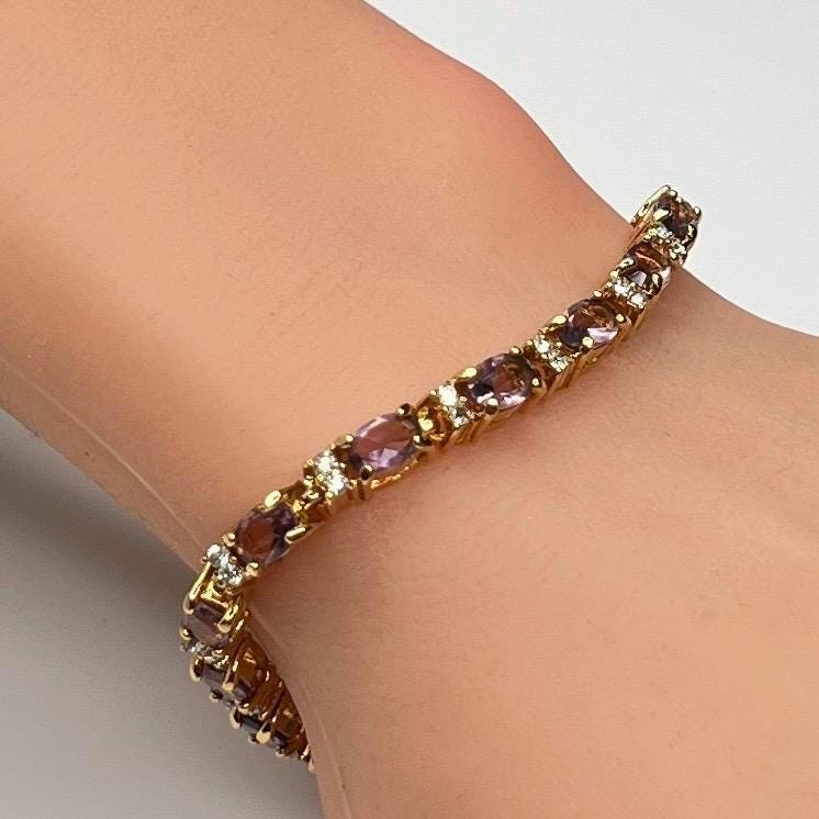 Avon Amethyst Glass Tennis Bracelet –1980s Clear Rhinestone