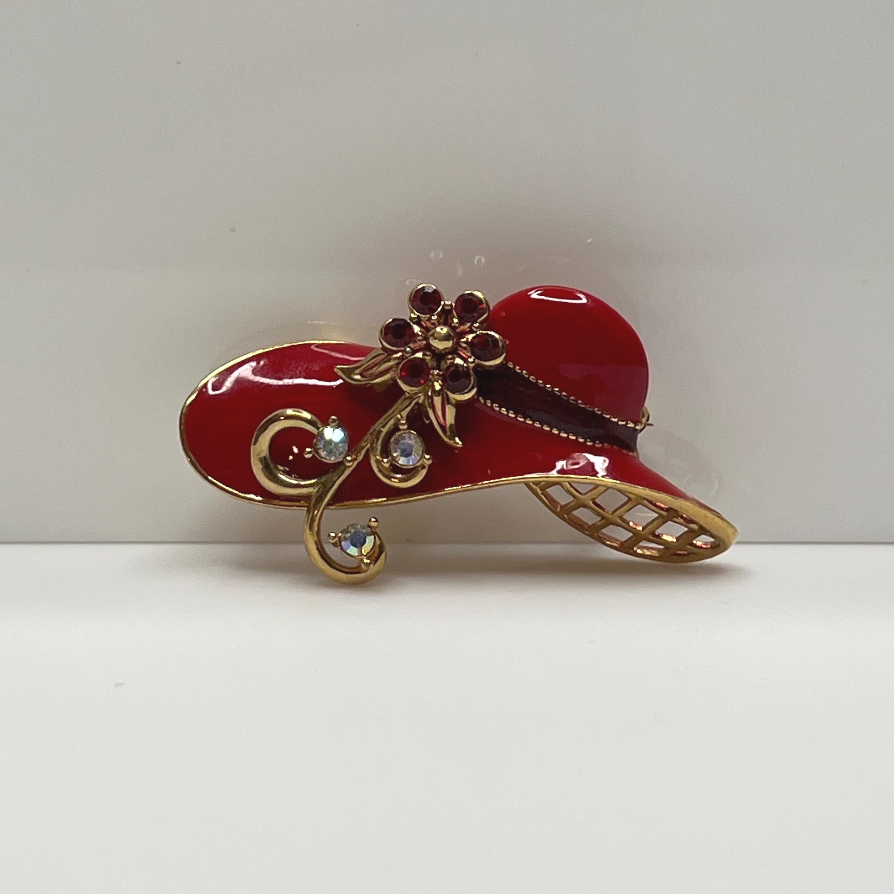 Signed Avon Red Hat Society Pin Brooch – Red Enamel Hat with Rhinestone Flower – Gold Tone Vintage Statement Jewelry – Avon Collectible