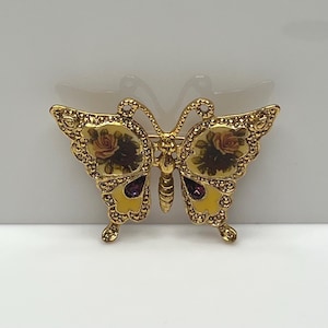 Gold Enamel Butterfly Brooch: Vintage Rhinestone Floral Pin