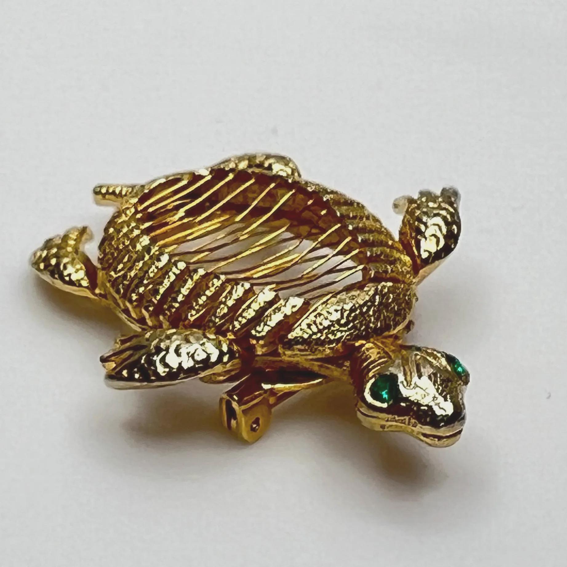 Broche Tortue Métal Doré Avec Carapace Cloisonnée Rouge Et Noire + Strass Blancs - Occasion Bon état