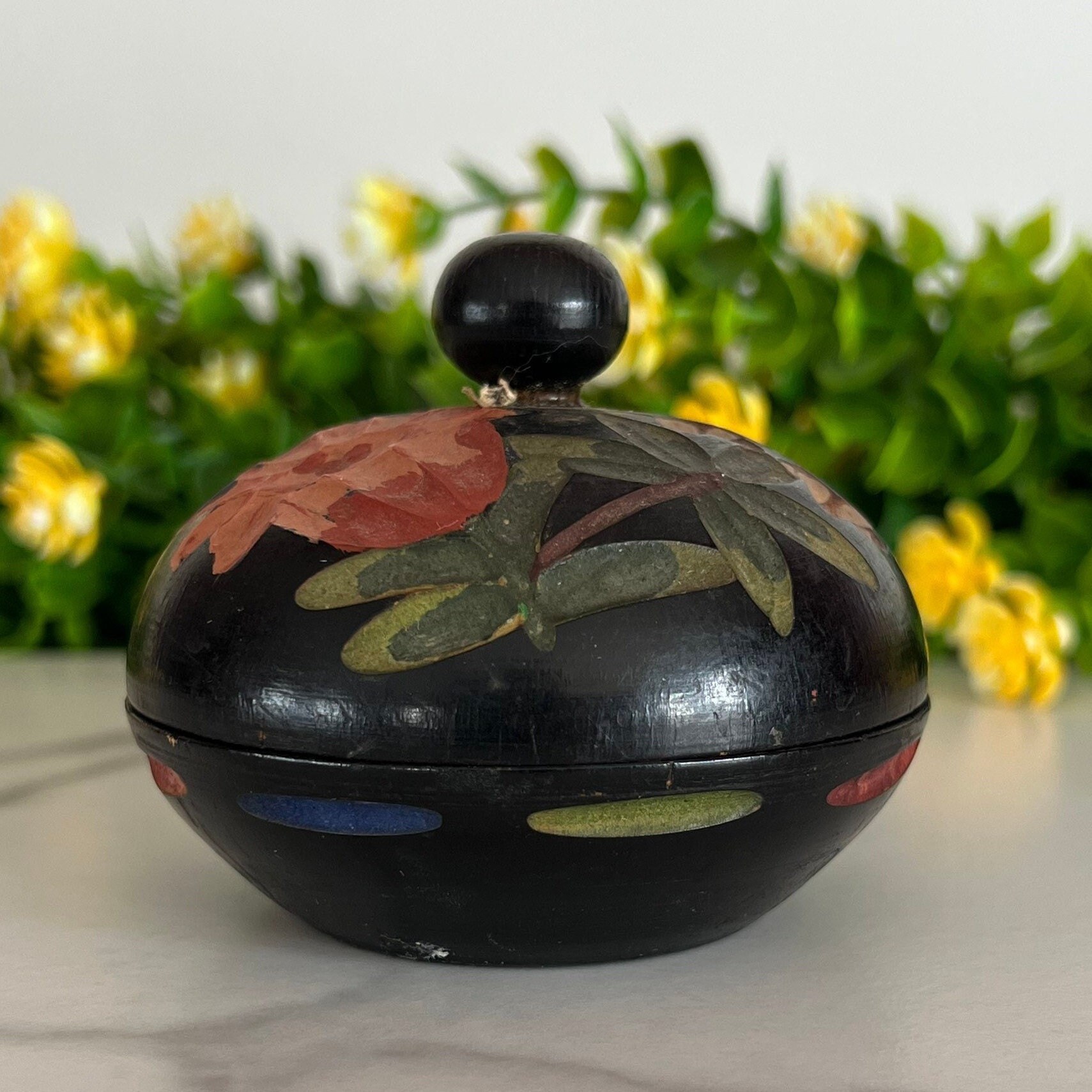 どんぐり　フランス　アンティーク　1910年　ロゼッタ　入れ物　セット Vintage Mini Hand Carved Round Wooden Flower Trinket Jewelry