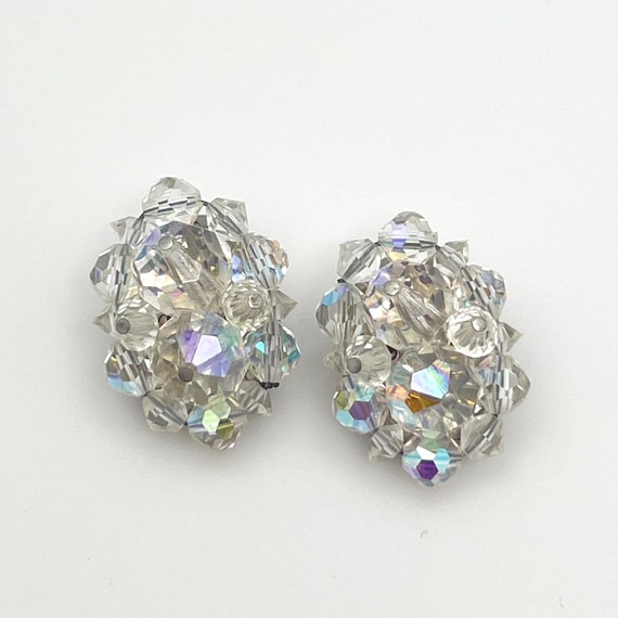 Aurora Borealis Crystal Cluster Clip-On Earrings – Mid Century Crystal Sparkle