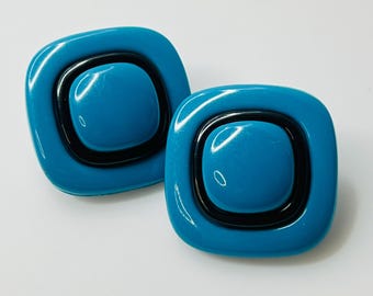 Pendientes cuadrados de botón en negro y azul de los años 80 - Joyería retro de arte pop