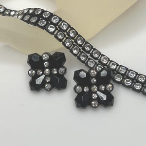 1950s Black Lucite Rhinestone Jewelry Set – Double Strand Bracelet & Pierced Stud Earrings