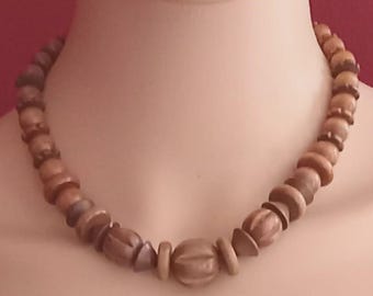 Long Collier Vintage Années 70 Avec Grosses Perles En Bois Et Métal - Multicolore, Occasion, Fabriqué En France