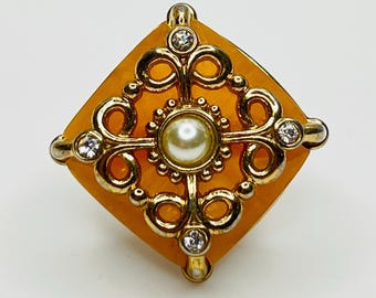 Avon Pearl & Coral Filigree Ring – Vintage Size 9.75 NRQ Statement Cocktail Ring