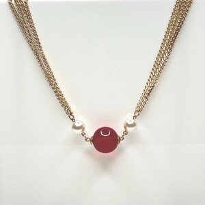 1980s Ruby Red Lucite & Pearl Station Necklace – Multi-Strand Long Layering Gold Chain