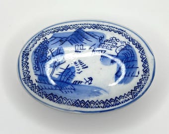 Boîte à bijoux en porcelaine bleue et blanche - aménagement paysager ovale vintage style export asiatique