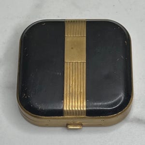 Art-Deco-Schwarze Emaille-Messing Kompakt - Vintage 2-in-1 Pulver & Rouge Koffer mit Spiegel