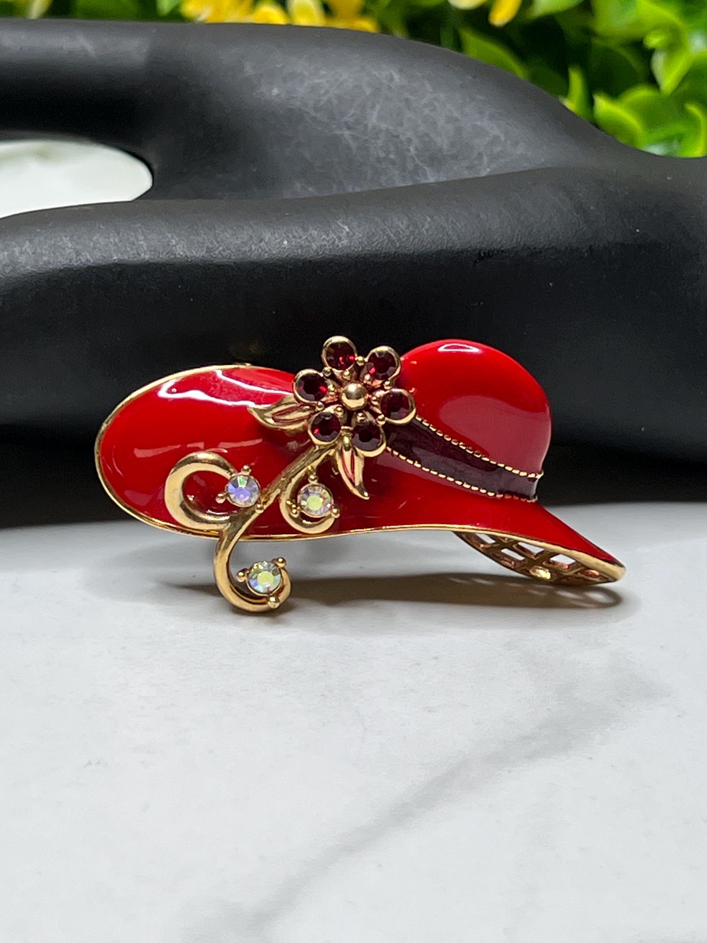 Signed Avon Rhinestone Flower Red Hat Society Pin Brooch