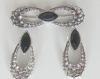 Silver Filigree Faux Marcasite Jewelry Set – Vintage Art Deco Rhinestone Brooch & Earrings
