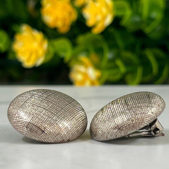 Mid Century Silver Textured Button 1950s Clip On Earr… - Gem