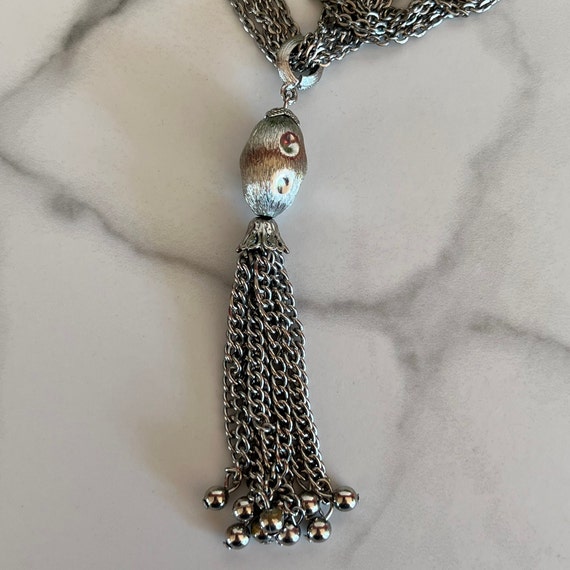 Vintage Silver Beaded Tassel Pendant Necklace - image 3
