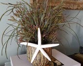 Floral Arrangement in Bamboo-style Metal Pot with Starfish Accent • Coastal Decor