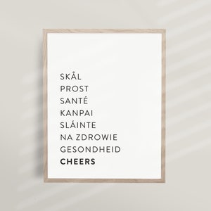 International Cheers | Printable Bar Cart Art, Modern Minimalist, Scandinavian, Typography Print, Wine, Cocktails, Beer, Drinks, Black | T01