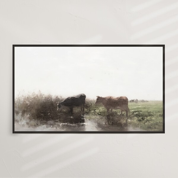 Midday Drink |  Frame TV Art | Digital Art, Vintage Landscape, Antique Painting, Pond Lake Field, Farm Pasture, Nature | DIGITAL #V65