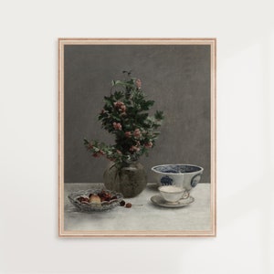 Tavolo da cucina / Natura morta vintage, Pittura antica, Arte della cucina FVintage, Arte floreale lunatica, Stampa d&#39;arte Grandmillennial / STAMPABILE #V120