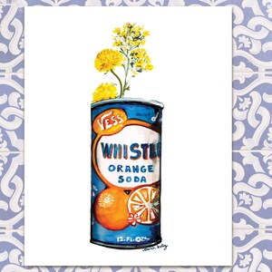 May include: A watercolor painting of a vintage can of Whistle Orange Soda with a bouquet of yellow flowers in the can. The can is blue with white lettering and a red and orange orange slice graphic. The text on the can reads "Whistle Orange Soda" and "12 Fl. Ozs."
