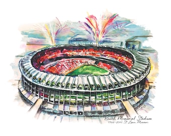 Puede incluir: Una pintura de acuarela del Busch Memorial Stadium en St. Louis, Missouri. El estadio se muestra desde una vista aérea con fuegos artificiales explotando en el cielo arriba. El estadio está lleno de asientos rojos y el texto "Busch Memorial Stadium 1966-2005 St. Louis, Missouri" está escrito debajo del estadio.