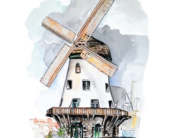 May include: Watercolor painting of a white windmill with a brown wooden blade. The windmill has a green door and windows. The painting is set against a cloudy sky.