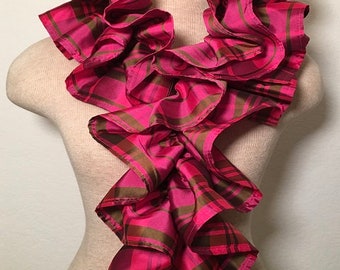 Scarf Art Ruffle Collar -  Hot Pink & Olive Plaid