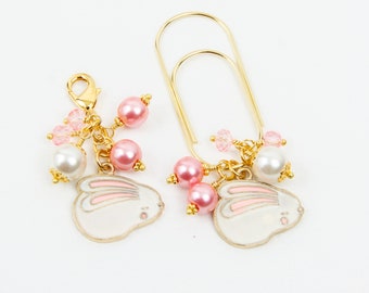 Cute Bunny Dangle Planner Clip or Charm with Pink and White Shell Pearls