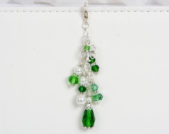 Shamrock Planner Charm with Green Crystals, Pearls and silver Clover Charm