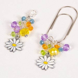 Daisy Planner Clip or Charm with Yellow, Green, Blue and Purple Crystals