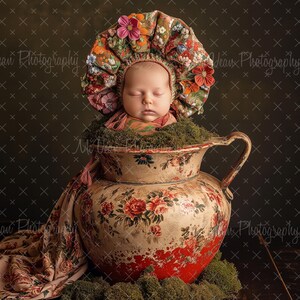 May include: A sleeping baby wearing a floral bonnet and outfit, nestled in a vintage, floral-decorated pitcher filled with moss. The pitcher has a red base and is set against a dark, patterned backdrop. A floral fabric drapes from the pitcher.
