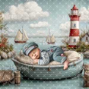 May include: A sleeping baby in a sailor outfit rests in a small boat. The scene includes a lighthouse, sailboats, and a pier, creating a nautical theme. The baby wears a blue cap and denim overalls.