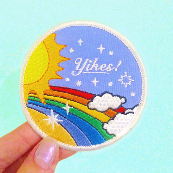 Yikes! Rainbow Embroidered Patch, 70s Vintage Inspired Retro Rainbow and Sun, Iron On Patch, Funny Sew on Patch, Patches for Jackets