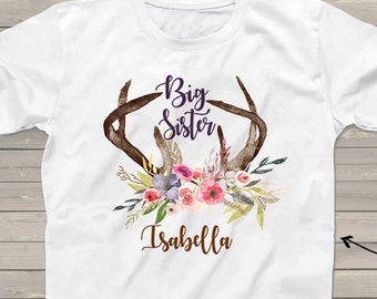 Big Sister shirt for girls boho antlers Pregnancy Announcement new baby Personalized shirt for kids