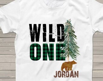 Wild One 1st first Birthday shirt, Woodland Lumberjack tshirt for kids, green plaid check