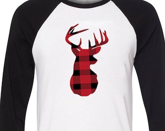 Christmas Shirts, daddy buck deer, Matching family tshirts lumberjack red buffalo check shirts for mom dad plaid black raglan tshirt