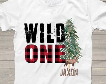 Wild One 1st first Birthday shirt, Woodland Lumberjack tshirt for kids, red plaid check, deer shirts for family, personalized for any bday