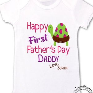 Happy First Fathers Day shirt gift from son daughter baby turtle pink and purple hearts one of a kind personalized outfit bodysuit image 1